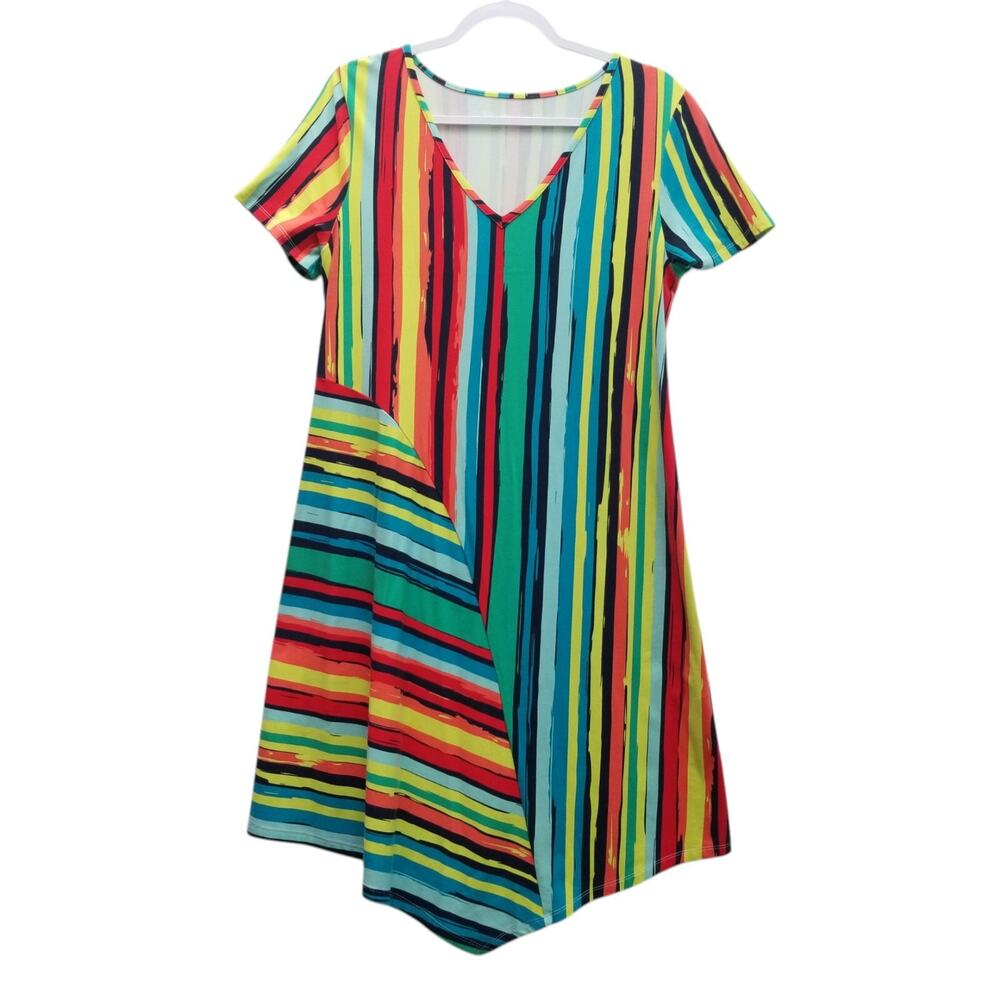 SOFT SURROUNDINGS Asymmetrical Hem HAPPY PLACE Striped A-Line Shift Knit Dress M